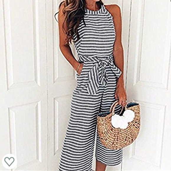 NWT Striped Waist Belt Wide Leg Chic Jumpsuit - Picture 3 of 5